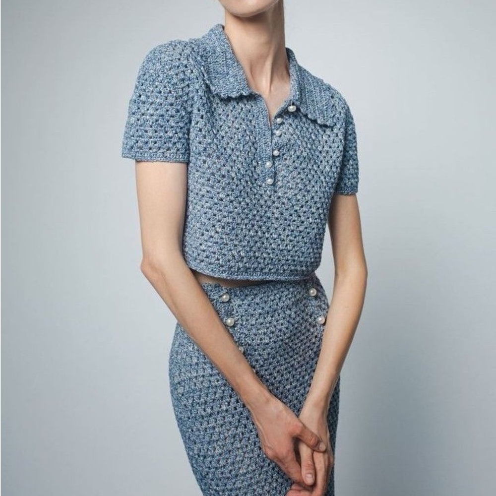 Santicler Margot hand crochet cropped polo top in blue denim